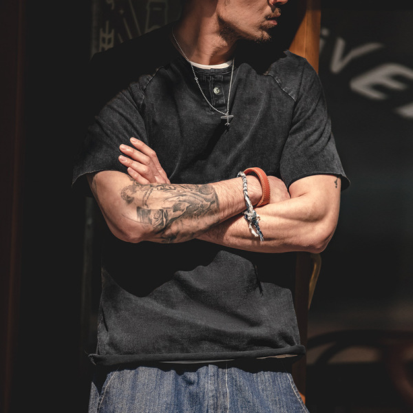 Distressed Henley Breathable Casual Tough Guy T-Shirt 17