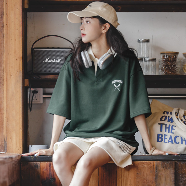 Embroidered Preppy Lapel Half-Sleeve T-Shirt 20