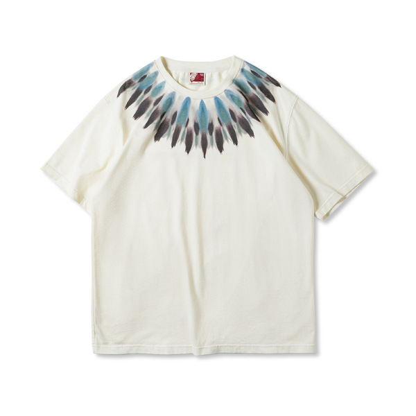 Indian Feather Print Short Sleeve Distressed T-Shirt 7