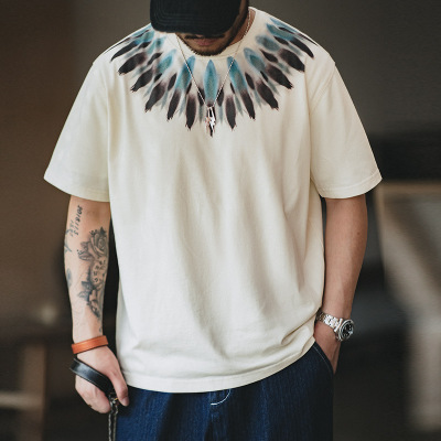 Indian Feather Print Short Sleeve Distressed T-Shirt 7