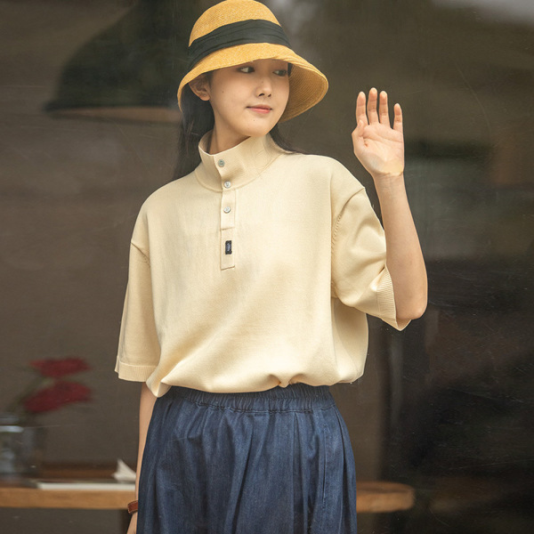 Knitted Polo Collar Basic Loose Breathable Mid-Sleeved T-Shirt 21