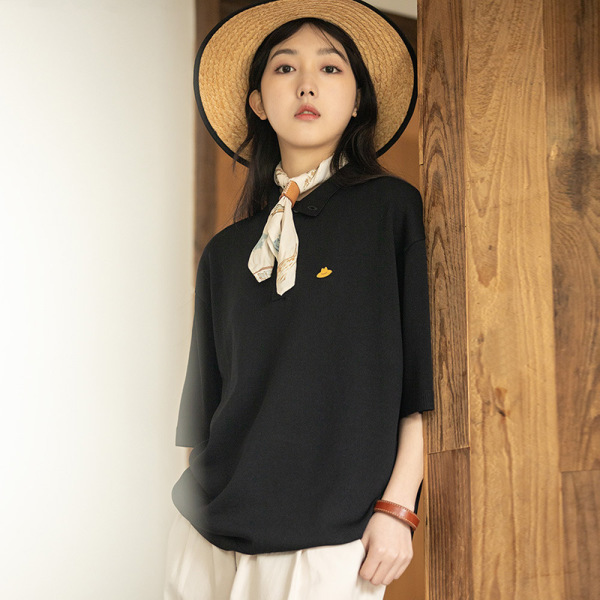 Knitted Polo Collar Basic Loose Breathable Mid-Sleeved T-Shirt 21