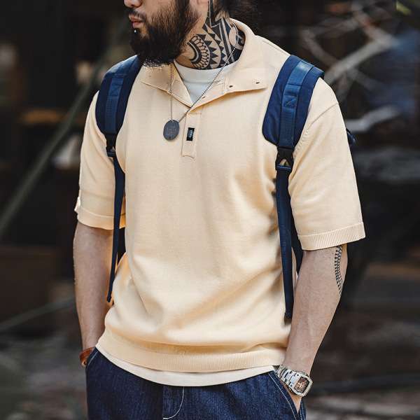 Knitted Polo Collar Basic Loose Breathable Mid-Sleeved T-Shirt 21