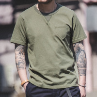 Retro Army Green T-Shirt Simple Round Neck Pocket Short Sleeves 24