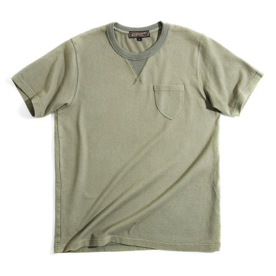Retro Army Green T-Shirt Simple Round Neck Pocket Short Sleeves 24