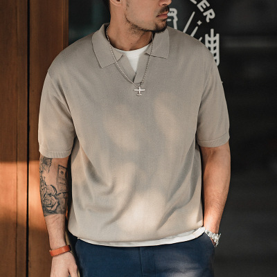 V Lapel Knitted Loose Short-Sleeved Half-Sleeved Polo Shirt T-Shirt Men 11