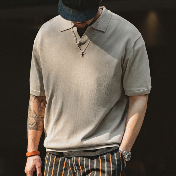 V Lapel Knitted Loose Short-Sleeved Half-Sleeved Polo Shirt T-Shirt Men 11
