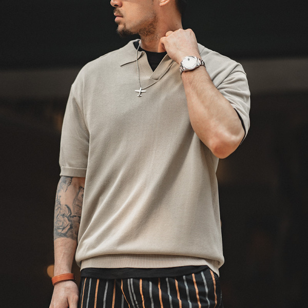 V Lapel Knitted Loose Short-Sleeved Half-Sleeved Polo Shirt T-Shirt Men 11