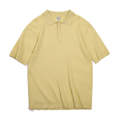 Vintage Pit Stripe Polo Neck Short Sleeve Solid Color Knitted T-Shirt 34