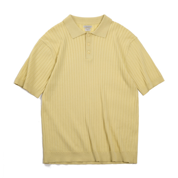 Vintage Pit Stripe Polo Neck Short Sleeve Solid Color Knitted T-Shirt 34