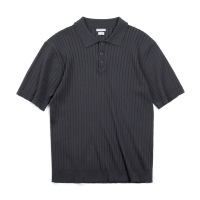 Vintage Pit Stripe Polo Neck Short Sleeve Solid Color Knitted T-Shirt 34