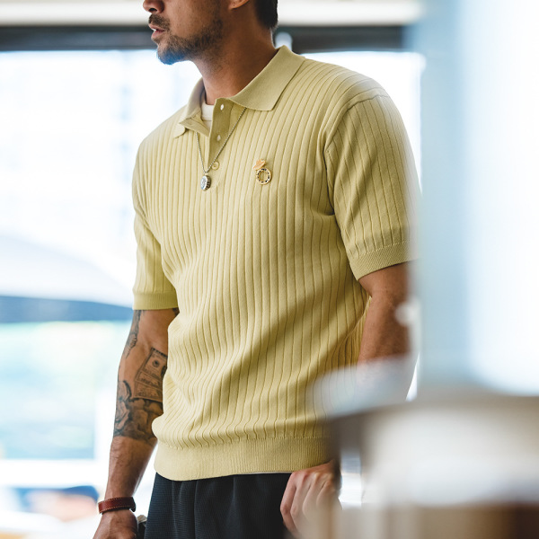 Vintage Pit Stripe Polo Neck Short Sleeve Solid Color Knitted T-Shirt 34