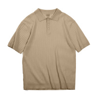Vintage Pit Stripe Polo Neck Short Sleeve Solid Color Knitted T-Shirt 34