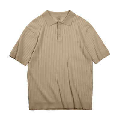Vintage Pit Stripe Polo Neck Short Sleeve Solid Color Knitted T-Shirt 34
