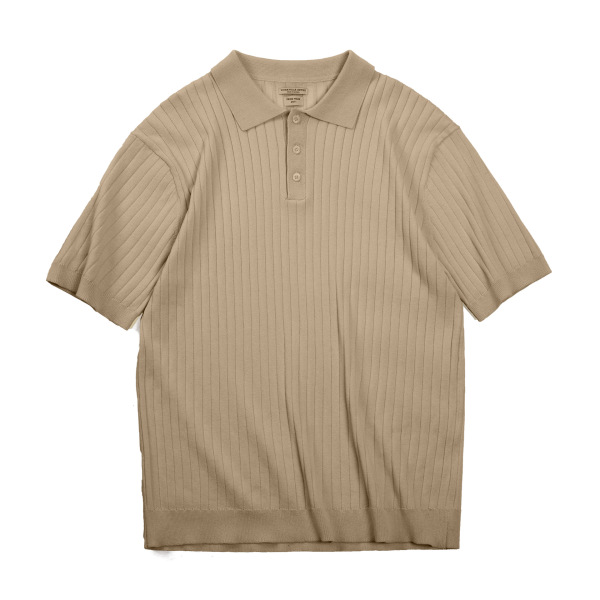 Vintage Pit Stripe Polo Neck Short Sleeve Solid Color Knitted T-Shirt 34