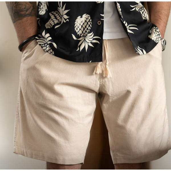 Men's Linen Shorts Breathable Loose Solid Color Cropped Pants 77