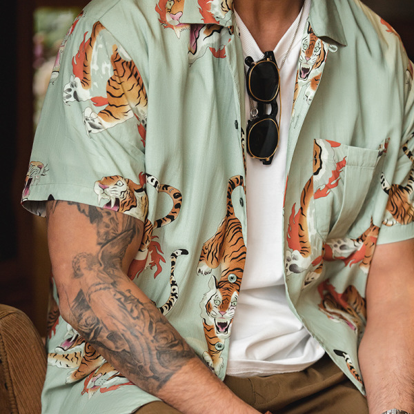 Tiger Print Hawaiian Short Sleeve Shirt 55
