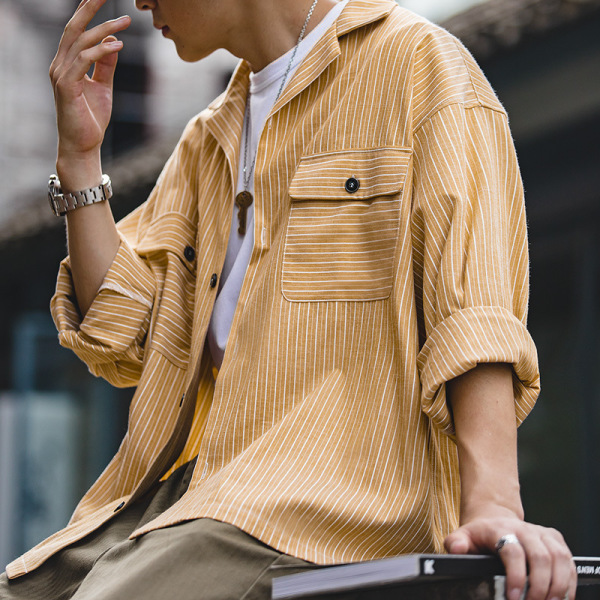 Vintage Goose Yellow Striped Cuban Collar Shirt 53