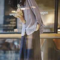 Blue and White Plaid Shirt Loose Casual Plaid 130