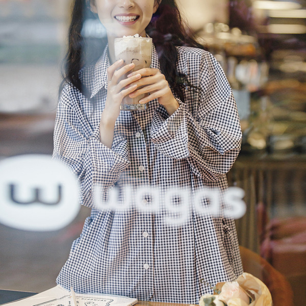 Blue and White Plaid Shirt Loose Casual Plaid 130
