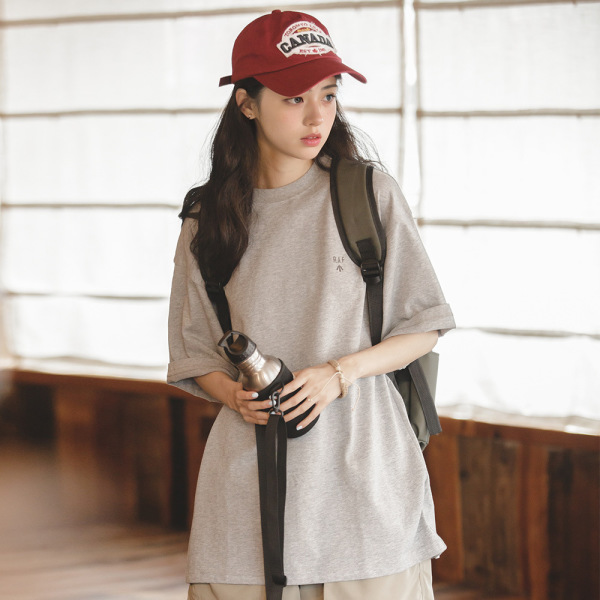 Casual Cotton Short-Sleeved Loose Round Neck Basic Solid Color 112