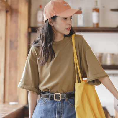 Casual Cotton Short-Sleeved Loose Round Neck Basic Solid Color 112