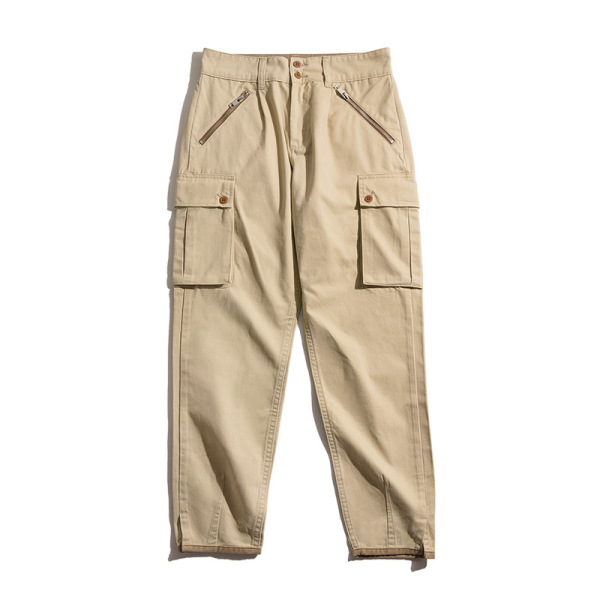 Khaki Tapered Mountain Army Pants Washed Mid Rise Straight 100