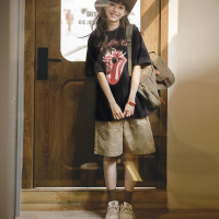 Round Neck Pullover Distressed Print Short Sleeves 115