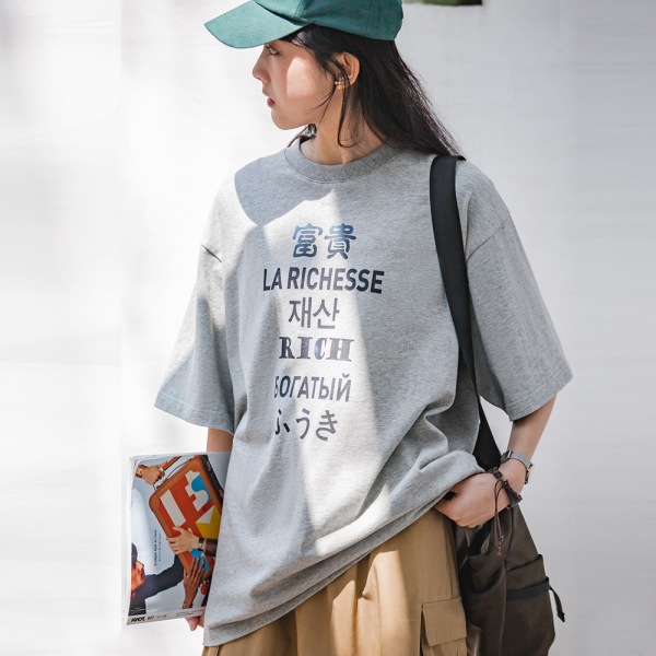 Dropped Shoulders Loose Gray Short-Sleeved Summer 116