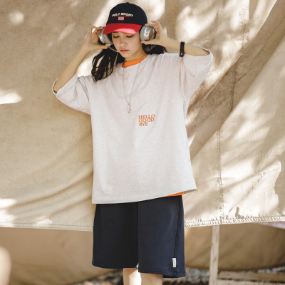 Solid Color Embroidered T-Shirt Loose Casual Short Sleeves 111