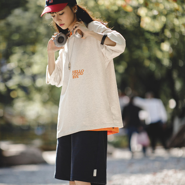 Solid Color Embroidered T-Shirt Loose Casual Short Sleeves 111
