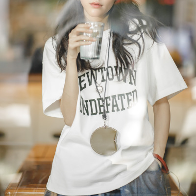 Solid Color Letter Print T-Shirt Half-Sleeved Top 107