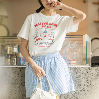 Vintage Print Short Sleeve Cotton Breathable Loose Top 108