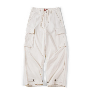 Casual Loose Wide-Leg Pants White Pocket Overalls 137