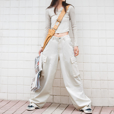 Casual Loose Wide-Leg Pants White Pocket Overalls 137
