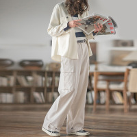 Casual Loose Wide-Leg Pants White Pocket Overalls 137