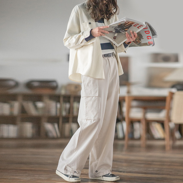 Casual Loose Wide-Leg Pants White Pocket Overalls 137
