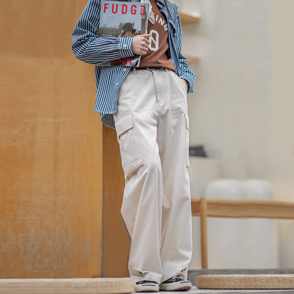 Casual Loose Wide-Leg Pants White Pocket Overalls 137