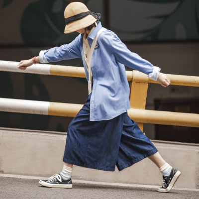 Loose High Waist Overalls Casual Wide Leg Cropped Trousers Spring 144