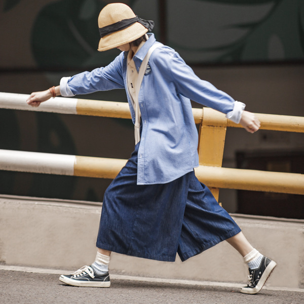 Loose High Waist Overalls Casual Wide Leg Cropped Trousers Spring 144